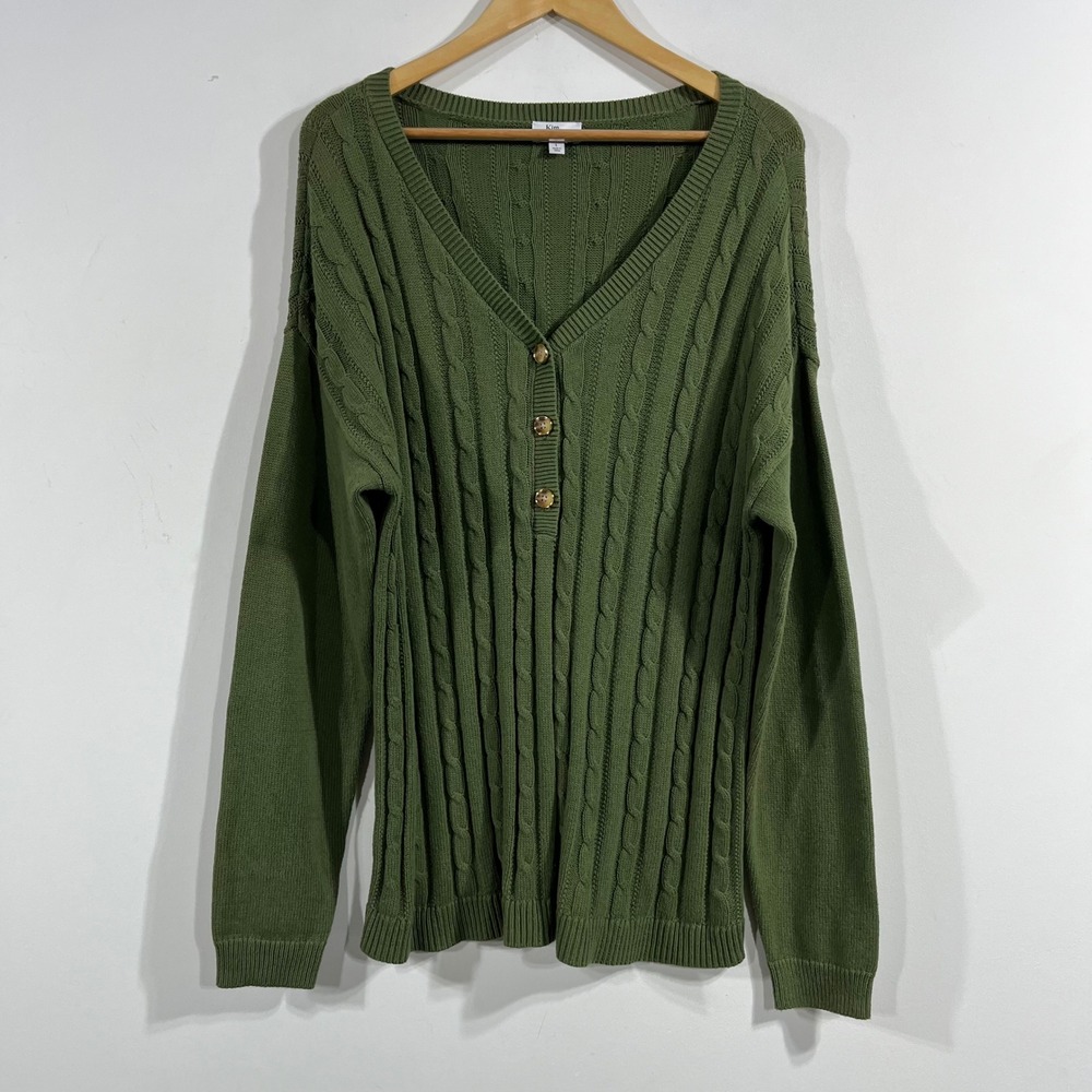 VTG Granola 90s Fisherman Olive Green Cable Knit Henley Sweater Womens Large Y2K